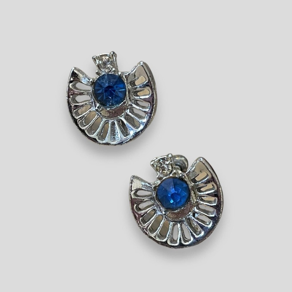 Retro Vintage Look Glam Silver Tone Blue White Rhinestone Screw Back Earrings - Picture 2 of 5